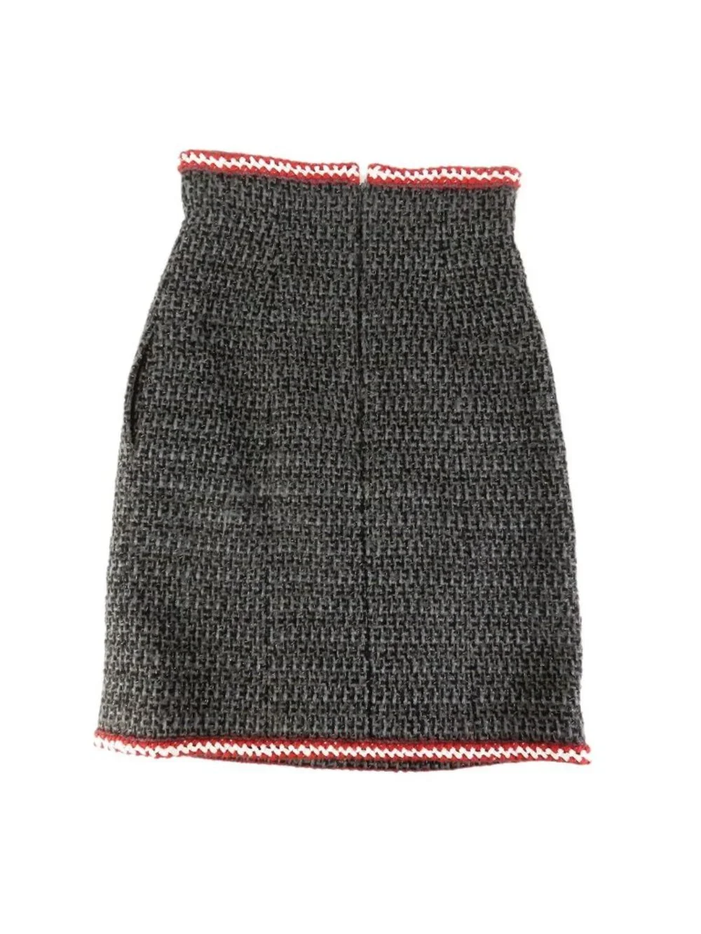 Chanel Tweed Skirt Coco Button Gray Red Acrylic Cotton 36